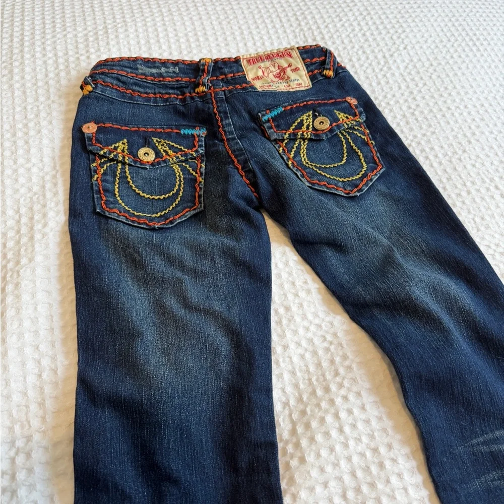 True Religion Dark Blue Yellow & Orange Embroidered Jeans - Picture 2 of 7